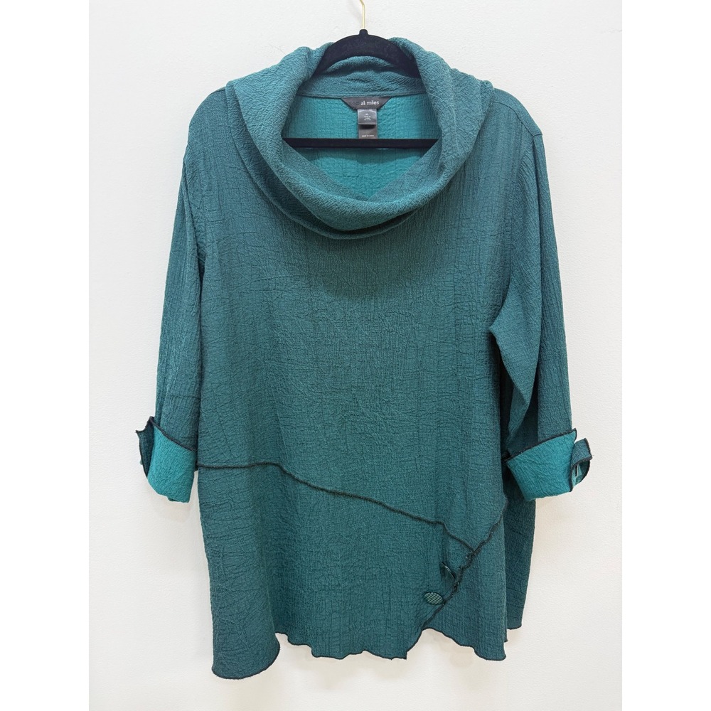Ali Miles Tunic XL Teal Green Cowl Neck Asymmetrical Button Textured Top